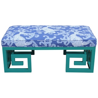 Custom Teal Blue Greek Key Bench with Blue Koi Fish Fabric