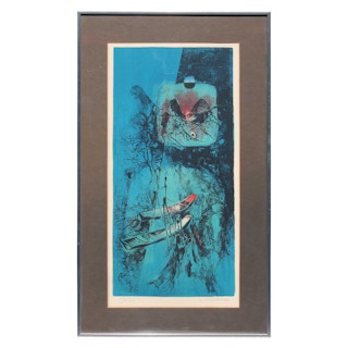 Blue Figurative Surrealist Abstract Lithograph, 1975