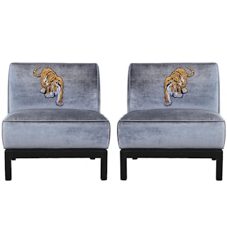 Modern Pair Silver Velvet & Walnut Slipper Lounge Chairs with Tiger Embroidery