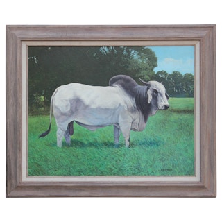 Realist Painting of Brahman Bull Landscape 20th Century