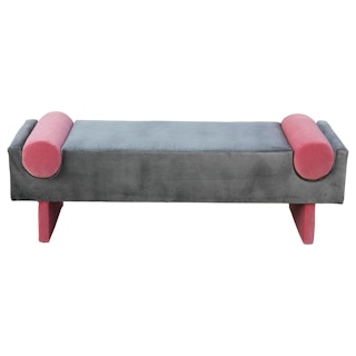 Modern Custom Bench in Dark Grey Velvet with Vibrant Pink Velvet Bolster Accents