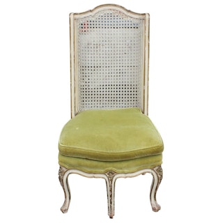 French Louis XIV Five Legged Cane Back Chair in Green Velvet