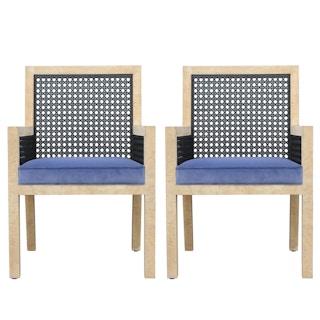 Pair of Modern Widdicomb Cane Chairs in Blue Velvet and Bleached Burl Walnut