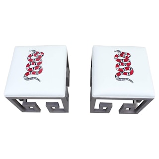 Pair of Modern Custom Greek Grey Embroidered Snake Ottomans in White Velvet