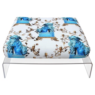 Modern Waterfall Style Lucite Ottoman/Coffee Table in Foo Dog Patterned Velvet