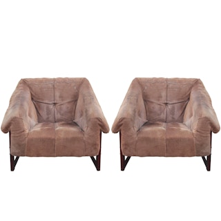 Pair of Modern Percival Lafer Brown Suede and Rosewood Lounge Chairs