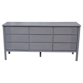 Modern Asian Inspired Grey Nine-Drawer Dresser & Mirror w/ Chinese Key Detailing