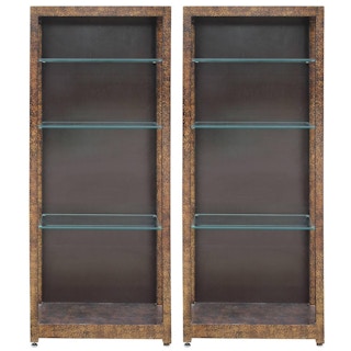 Pair Modern Henredon Oil Drop Display / Book Cases with Tortoise Finish