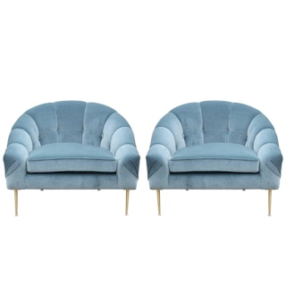 Pair of Modern Custom Blue Velvet Lounge Chairs with Brass Legs