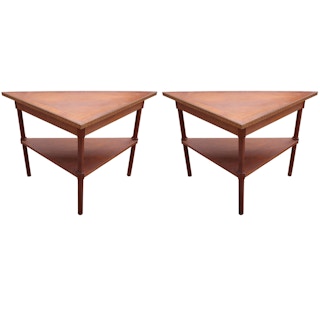Pair of Modern Custom Walnut Demilune Entry Tables with Greek Key Trim