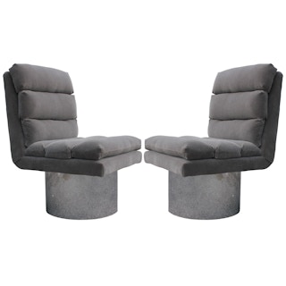 Pair of Modern Chrome Base and Grey Mohair Swivel Lounge Chairs