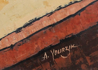 "The Yellow Tablecloth"- Texas Abstract Still Life of Fruits and Pitcher 1952