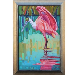"Wading Rosette Spoonbill" Colorful Impressionist Style Bird Painting