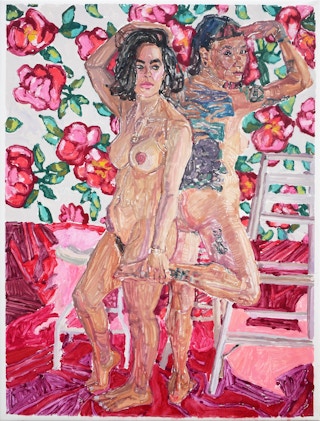 "Meribeth and Yet" Contemporary Red & Pink Nude Female Floral Portrait Painting 2018