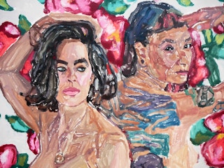 "Meribeth and Yet" Contemporary Red & Pink Nude Female Floral Portrait Painting 2018