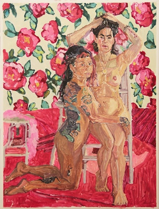 "Yet and Meribeth" Contemporary Red & Pink Nude Female Floral Portrait Painting 2018