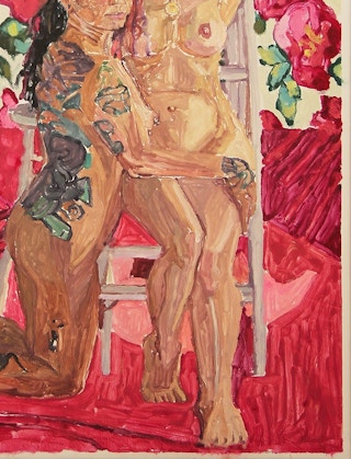 "Yet and Meribeth" Contemporary Red & Pink Nude Female Floral Portrait Painting 2018