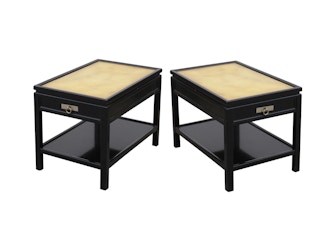 Pair of End Tables with Black Lacquer Leather Top Attributed to Michael Taylor