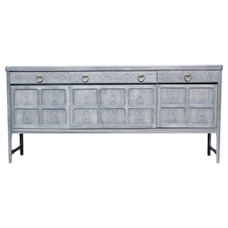 Modern Hollywood Regency Sideboard with a Grey Cerused Finish and Brass Hardware