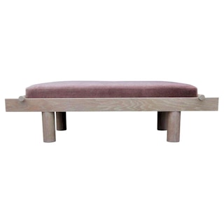 Custom Post Modern Sculptural Natural Cerused Oak Bench with Pink Mohair