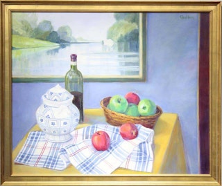 "Soup Terrine and Apples" Large Realistic Still Life Painting 20th Century